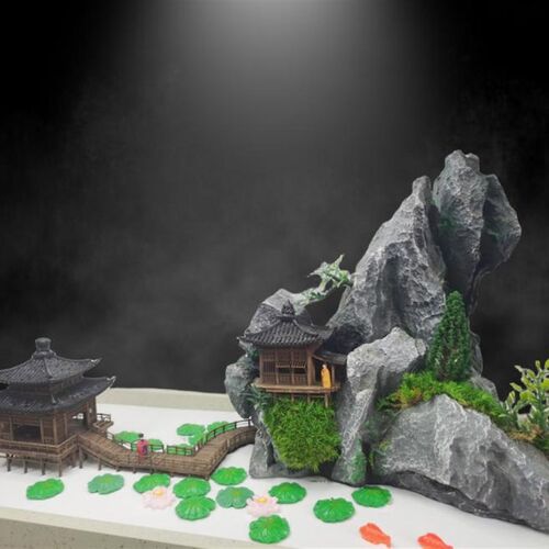 中式桌面装饰摆景 深山隐居假山石C盆景 居室玄关书房古代建筑摆