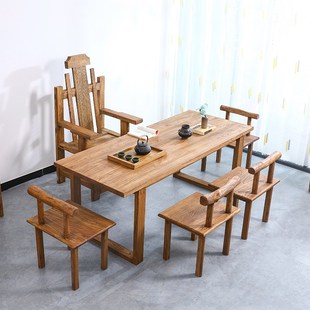 老榆木原木茶台茶桌书桌全实木复B古餐桌民宿家用阳台客厅书桌家