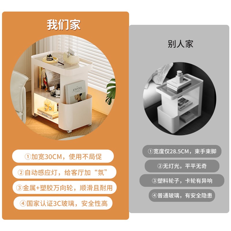 奶油风沙发c边几客厅可移动茶几小桌子侧边柜带灯铁艺小推车置物