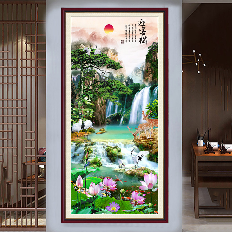 迎客松墙壁贴画纸中m式高山流水竖版风景自粘入户道走廊玄关装饰,家居饰品,现代装饰画,淘宝优惠券,粉丝福利购,淘宝优惠卷
