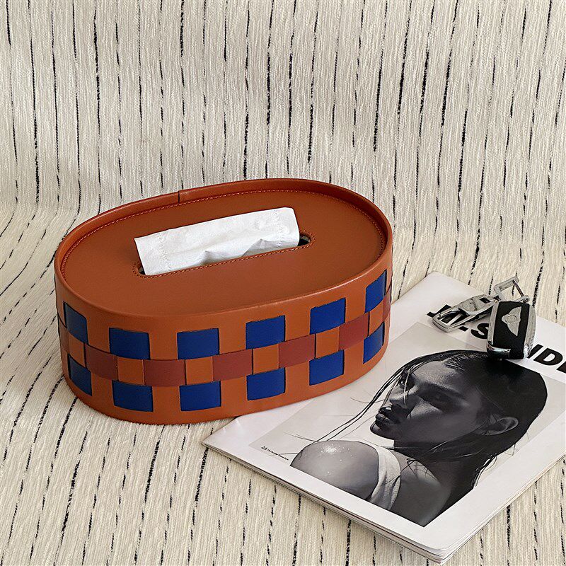 鸢尾蓝金棕编织纸巾n盒客厅家用棋盘格皮质桌面抽纸收纳盒轻奢高