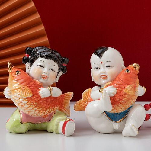 陶瓷男女童子窑彩可爱早生贵子年年有余求K子送子手工创意娃娃摆