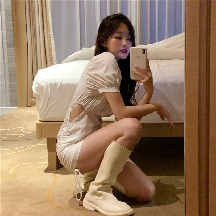 Real photo real price French short bubble sleeve waist drawstring white careful machine dress