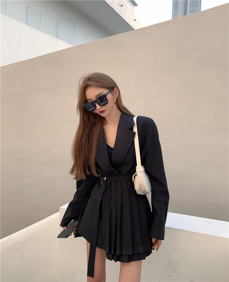 Real price Black Medium Length suit jacket + Half pleated skirt