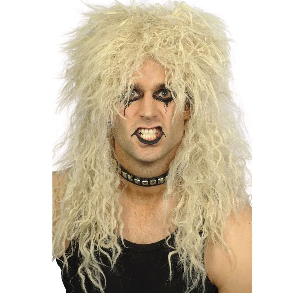 Men 80s Rock Style Gold Long Curly Heavy Metal Punk Style Sy