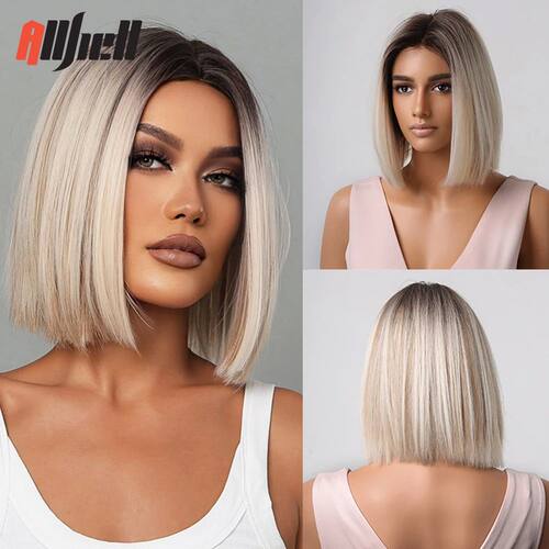 Brown Blonde Ombre Synthetic Wigs Short Straight Bob Wigs fo