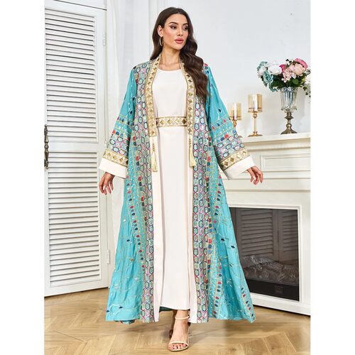 Abay Women Dress Muslim Jalabiya Sequins 2 Piece Set Lace-up