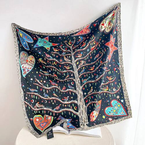 Luxury Love Tree Print Designer 90 Square Scarf Twill Silk W