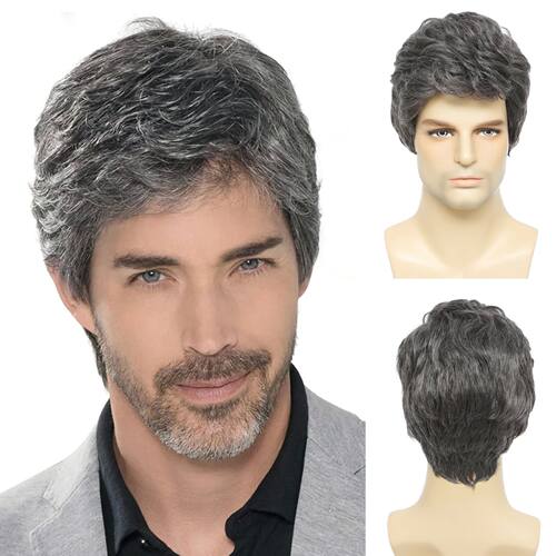 BCHR Men's Wigs Short Mens Grey Wig Layered Natural Hair Cos