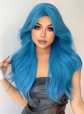 28Inch Sea Blue Color Synthetic Wigs Middle Part Long Natura