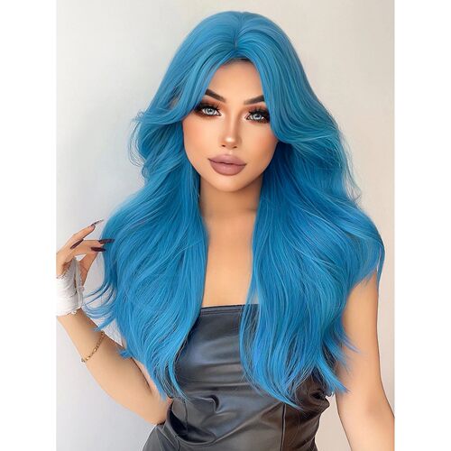 28Inch Sea Blue Color Synthetic Wigs Middle Part Long Natura