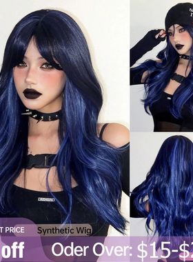 Black Blue Highlight Blue Hair Wigs with Bangs Long Wavy Dar