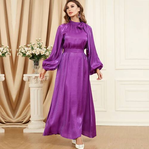 Bow Tie Neck Chic Full Cover Gown Puff Sleeve Elegant Dress