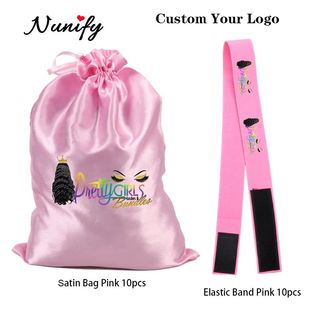 20Pcs Custom Logo Satin Wig Bag With Melting Band Black Pink