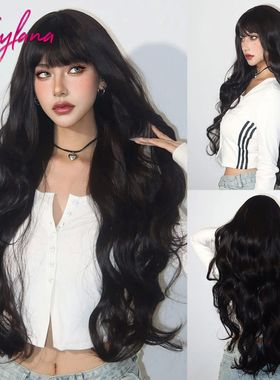 Super Long Black Wavy Synthetic Wigs with Bangs for Women Af