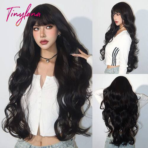 Super Long Black Wavy Synthetic Wigs with Bangs for Women Af
