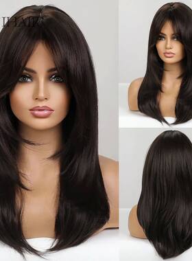 EASIHAIR Dark Brown Black Synthetic Wigs with Bangs Medium S