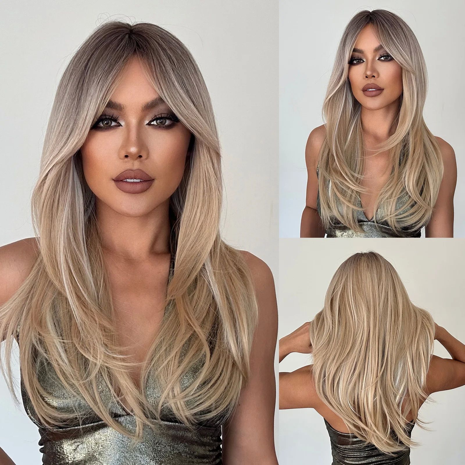 Long Straight Layered Wigs Blonde Platinum Highlight Wig wit