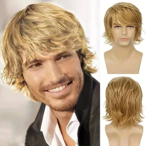 Men's black wig short natural fluffy wig synthetic heat-resi