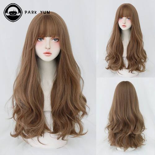Long Curly Hair Women Wig with Bangs Daily Brown Black Pink