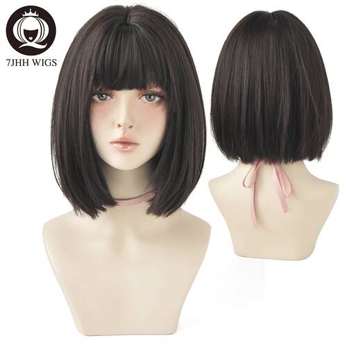 7JHH WIGS Black Short Bob Wig for Girl Daily Wear Synthetic