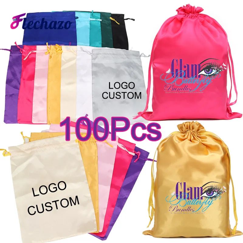 100Pcs Wholesale Silk Satin Bags Hair Packaging Bags Logo Cu