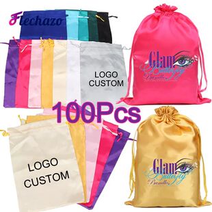 100Pcs Wholesale Silk Satin Bags Hair Packaging Bags Logo Cu