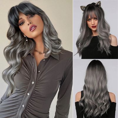 Long Wavy Silver Ash Ombre Cosplay Synthetic Wigs Natural Cu