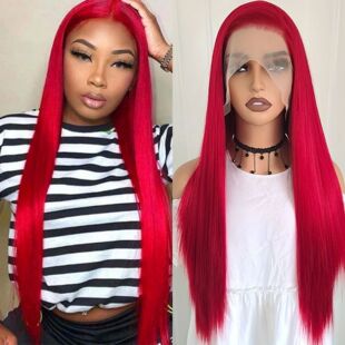 Wig Front 13X4 Red Synthetic Lace Straight Burgundy Long