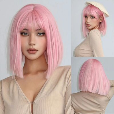 Short Straight Bob Wigs with Bangs Light Pink Natural Synthe