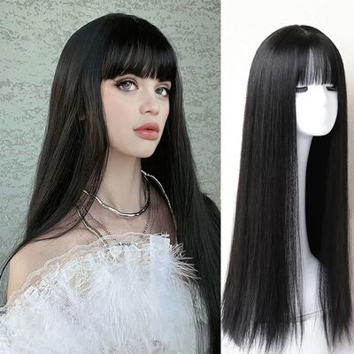 Synthetic fiber wig female long black hair woven full head s
