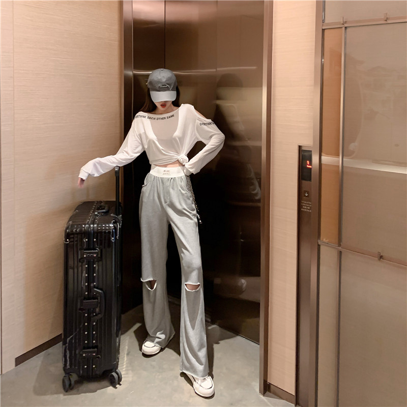 减龄套装春夏新款长袖字母防晒衫女休闲破洞阔腿裤套装两件套洋气