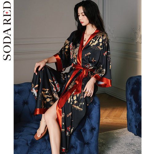 中国风睡衣女春秋新款覆古加长款高级感绸缎夏季冰丝薄款浴袍晨袍
