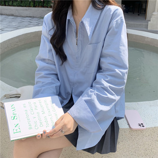 设计感小众双拉链长袖衬衫女慵懒宽松长袖休闲复古港味外套ins潮