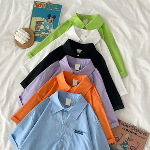 日系设计感小众chic港味复古宽松工装 女夏季 上衣 衬衫 港风纯色短袖