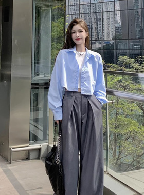  网红盐系炸街蓝色短款小个子长袖衬衫女秋季2026单排扣宽松外搭