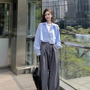  网红盐系炸街蓝色短款小个子长袖衬衫女秋季2025单排扣宽松外搭