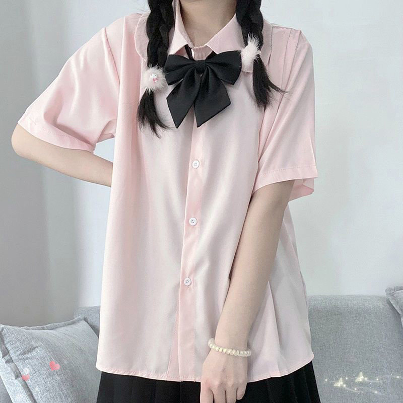 气质复古短袖衬衫女圆领夏季韩版学院风制服衬衣校园风jk小众上衣