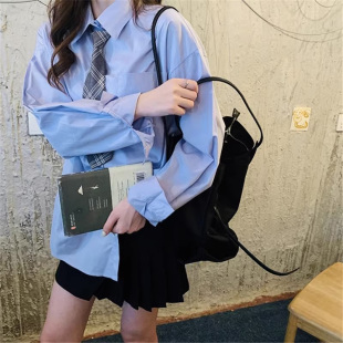 蓝色JK制服学生长袖 学院风长袖 新款 女装 日系班服宽松上衣 领带衬衫