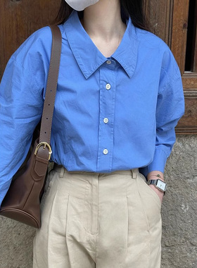 港味蓝色通勤长袖叠穿衬衫女春秋季新款设计感小众内搭休闲衬衣