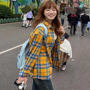 美式高街黄色格子衬衫复古长袖衬衣宽松情侣防晒上衣外套秋季韩版