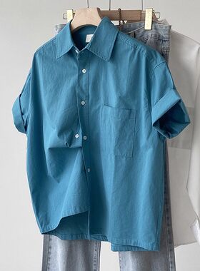 日系穿搭蓝色短袖衬衫男女休闲夏季百搭宽松开衫衬衣复古上衣