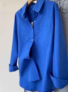 克莱因蓝色衬衫女长袖新款休闲宽松衬衣漂亮小衫显瘦时尚上衣漂亮