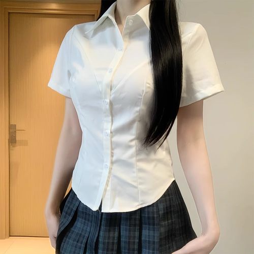 日系JK制服收腰辣妹衬衫春夏学院风修身显瘦长短袖衬衣纯欲V字