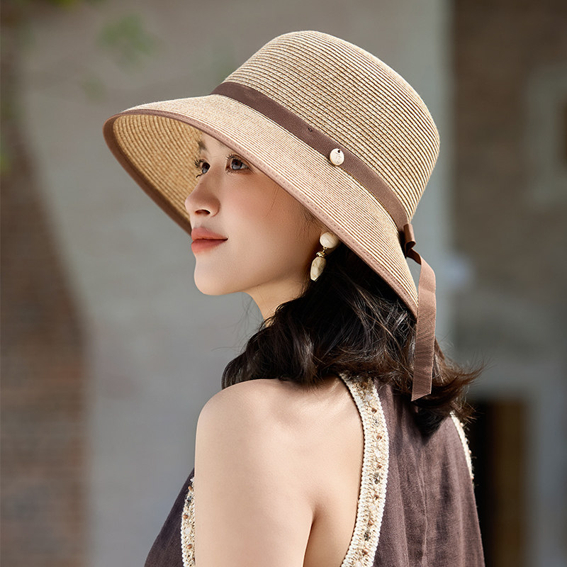 贵妇优雅妈妈款渔夫帽女夏户外出游时尚草帽遮太阳防晒帽子可折叠