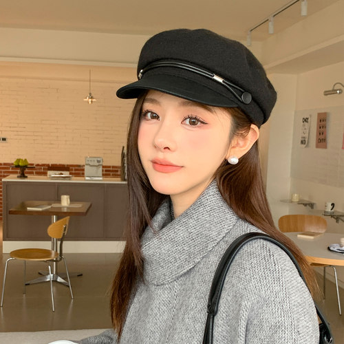 秋冬英伦平顶八角贝雷帽女显脸小