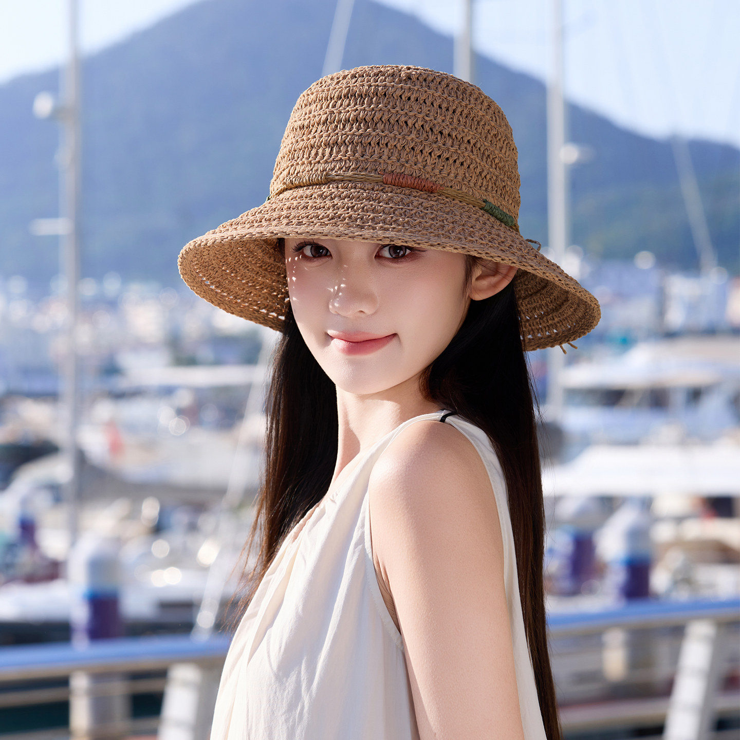 时尚洋气草帽夏季2026海边出游大檐遮阳防晒帽镂空可折叠渔夫帽子
