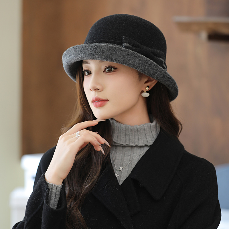 盆帽户外优雅女冬季卷边羊毛呢