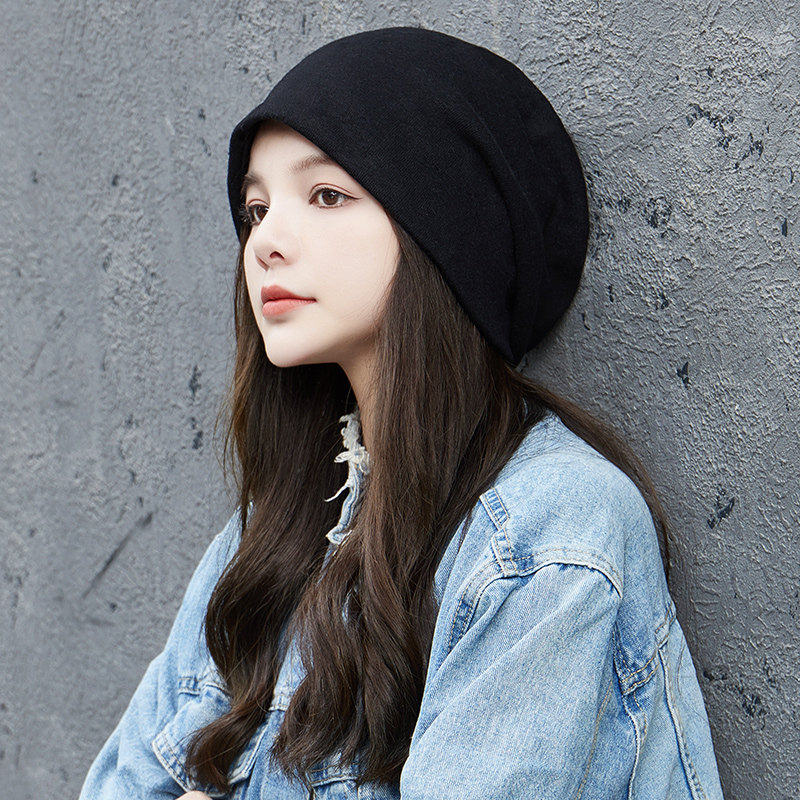 堆堆帽子女秋冬季日系棉冷帽黑色包头帽薄款网红月子针织帽大头围