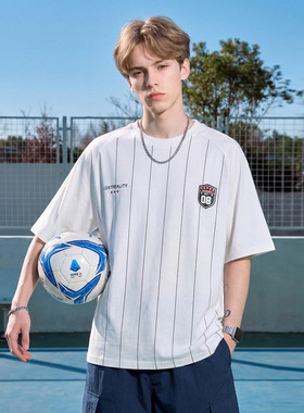 高街复古美式印花短袖T恤男夏季户外运动球衣撞色条纹纯棉体恤衫